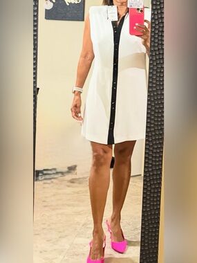 Zara White and Black Sleeveless Shirt Dress